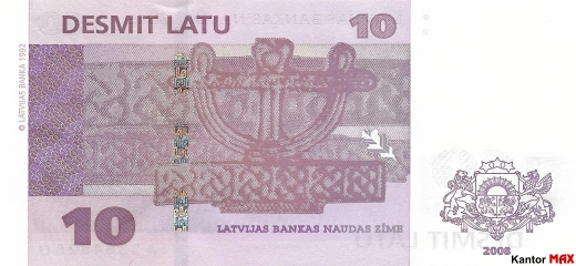 Tył wycofanego banknotu 10 łat łotewskich edycja z 2008 roku