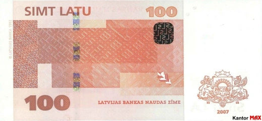 Tył wycofanego banknotu 100 łat łotewskich edycja z 2007 roku