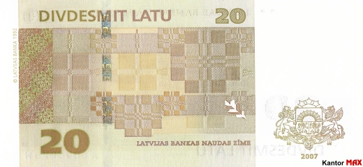 Tył wycofanego banknotu 20 łat łotewskich edycja z 2007-2009 rok
