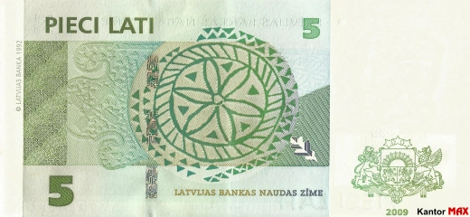 Tył wycofanego banknotu 5 łat łotewskich edycja z 2006-2009 roku