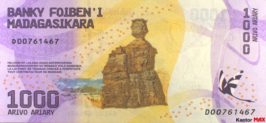 Die Rückseite der 1000-Ariary-Banknote