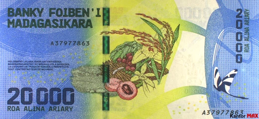 Die Rückseite der 20.000-Ariary-Banknote