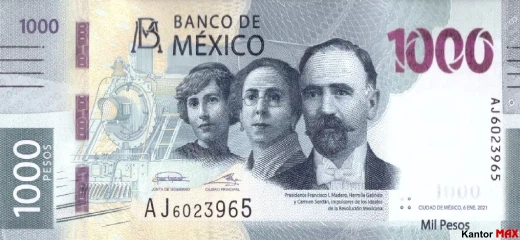 Vorderseite der 1000 mexikanischen Peso-Banknote Serie G 2020