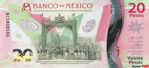 Vorderseite der 20 mexikanischen Peso-Polymerbanknote Serie G 2021