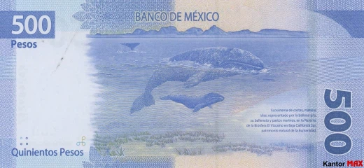 Die Rückseite der 500 mexikanischen Peso-Banknote Serie G aus dem Jahr 2018