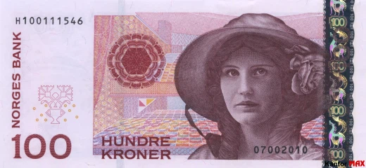 Przód wycofanego banknotu 100 koron norweskich emisja 2003-2015 rok