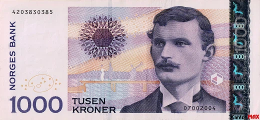Przód wycofanego banknotu 1000 koron norweskich emisja 2001-2004 rok