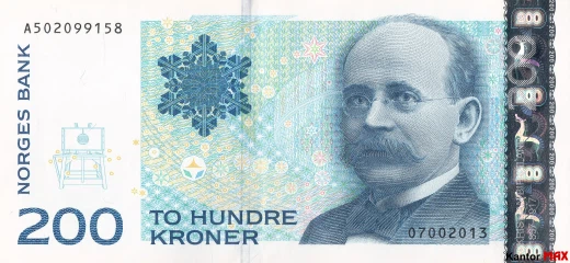 Przód wycofanego banknotu 200 koron norweskich emisja 2002-2014 rok
