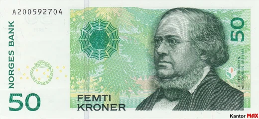 Przód wycofanego banknotu 50 koron norweskich emisja 1996-2015 rok