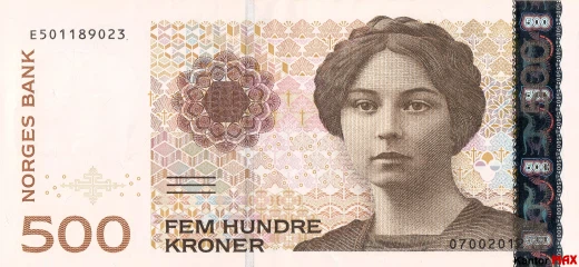 Przód wycofanego banknotu 500 koron norweskich emisja 1999-2015 rok