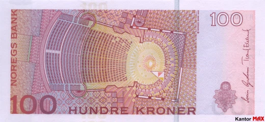 Tył wycofanego banknotu 100 koron norweskich emisja 2003-2015 rok
