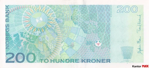 Tył wycofanego banknotu 200 koron norweskich emisja 2002-2014 rok
