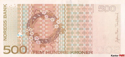 Tył wycofanego banknotu 500 koron norweskich emisja 1999-2015 rok