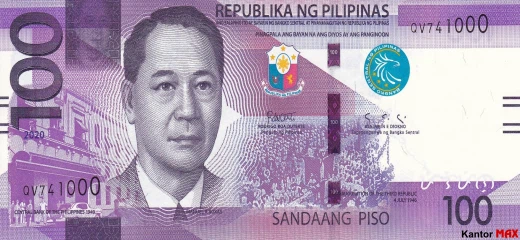 Przód banknotu 100 peso filipińskich 2020 rok