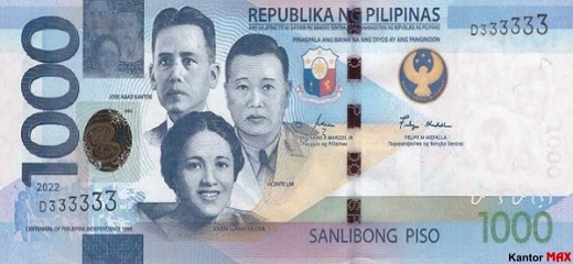 Przód banknotu 1000 peso filipińskich 2022 rok