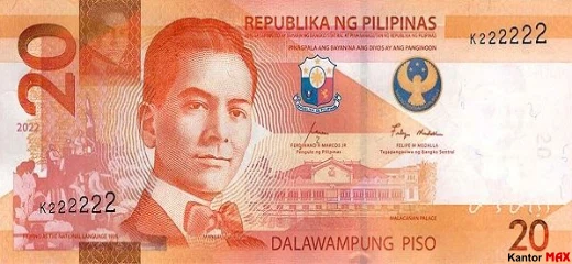 Przód banknotu 20 peso filipińskich 2022 rok
