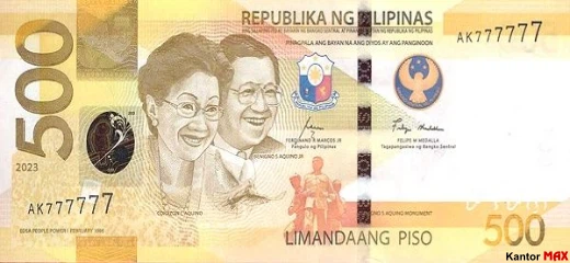 Przód banknotu 500 peso filipińskich 2023 rok