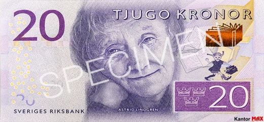 Przód banknotu 20 koron szwedzkich 2015 r.