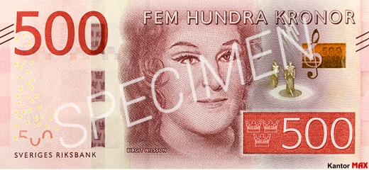 Przód banknotu 500 koron szwedzkich 2016 r.
