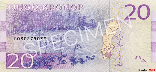 Tył banknotu 20 koron szwedzkich 2015 r.