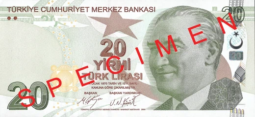 Vorderseite der 20 türkischen Lira-Banknote Serie 3 aus dem Jahr 2018