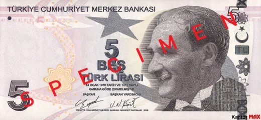 Vorderseite der 5 türkischen Lira-Banknote der Serie 4