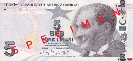 Vorderseite der 5 türkischen Lira-Banknote der Serie 5
