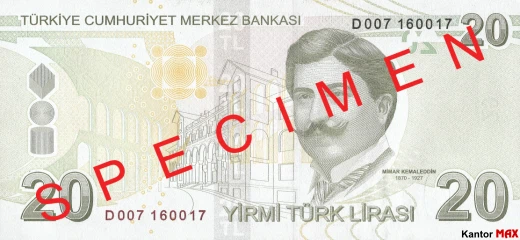 Die Rückseite der 20 türkischen Lira-Banknote Serie 3 aus dem Jahr 2018