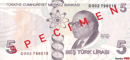 Die Rückseite der 5 türkischen Lira-Banknote, Serie 4