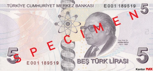 Die Rückseite der 5 türkischen Lira-Banknote, Serie 5